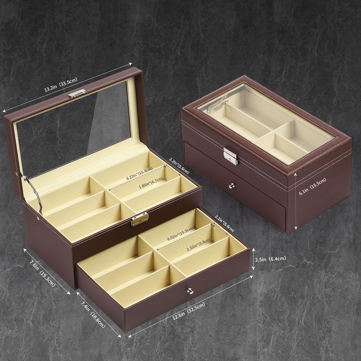 AUTOARK Organizador de 12 piezas para gafas de sol y Cajón con cerradura,Cuero sintético,Tapa de Vidrio,Marrón,AW-129