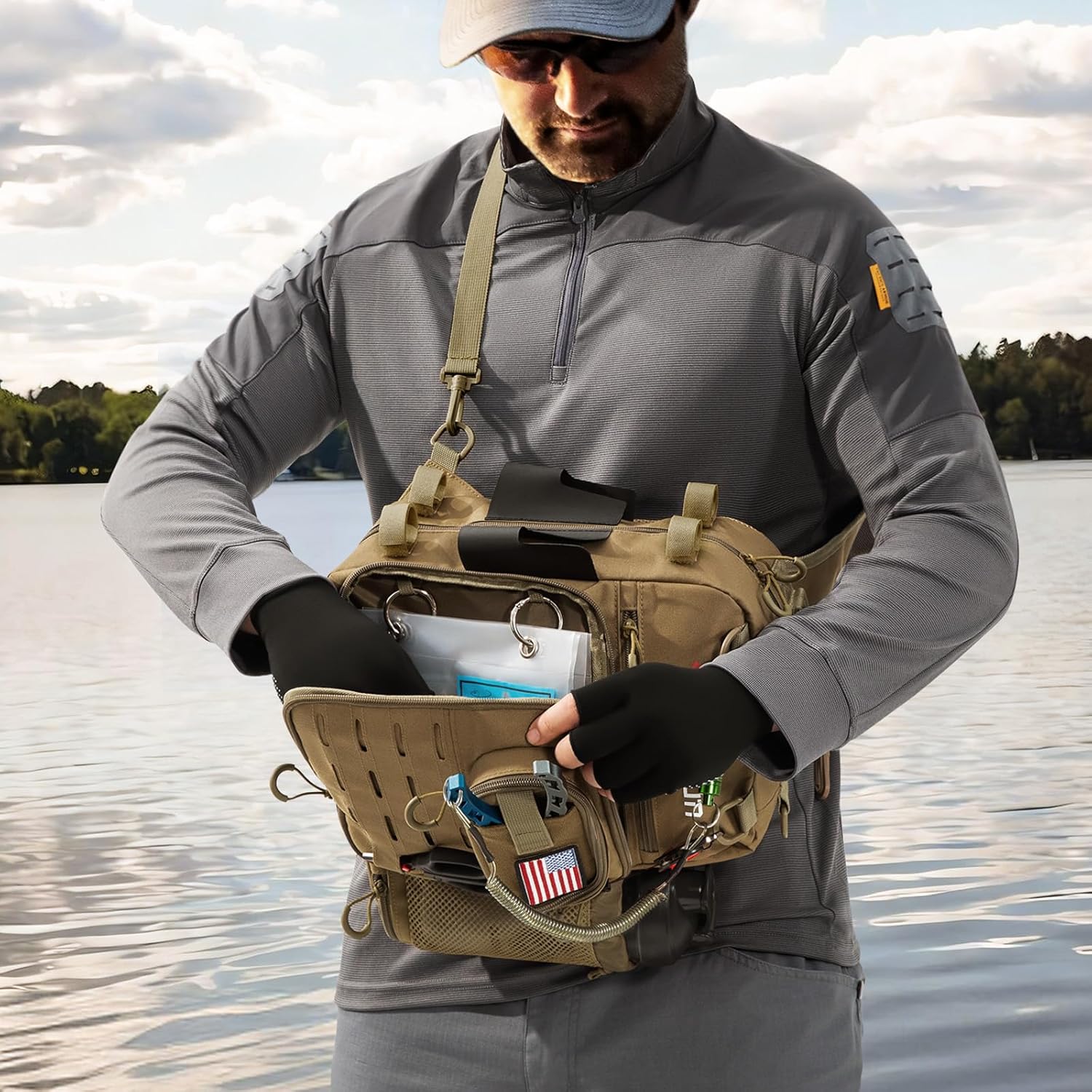 Piscifun Fishing Tackle Backpack, Convertible Sling or Waist Pack, 16-Pocket Storage Gear Bag with 2 Rod Holders & Rain Cover