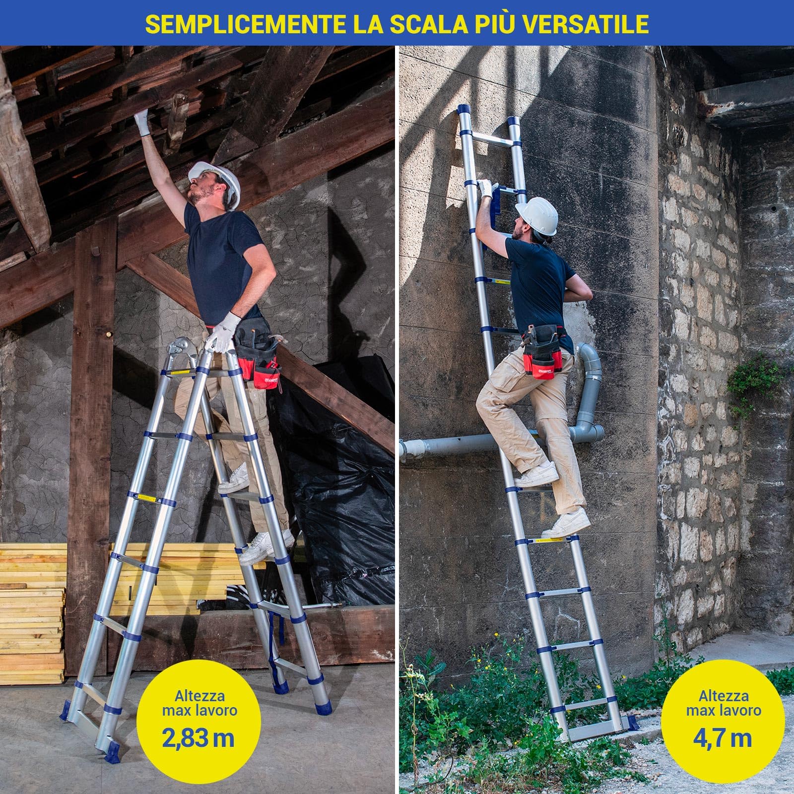 Scala telescopica articolata in alluminio 3,8 m (1,9 + 1,9) Stempakt Hostrom, leggera, compatta e pieghevole, altezza di lavoro massima 4,7m, carico massimo 150 kg, garanzia di 5 anni