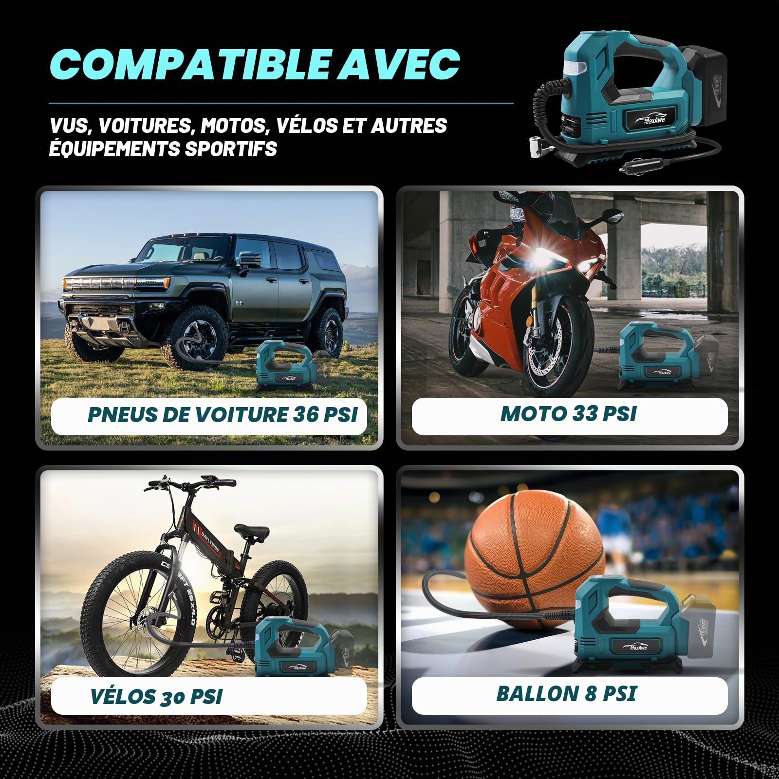MaxAwe Compresseur d'air sans fil avec câble de voiture et 3 buses, pompe à pneu électrique portable pour Makita 18 V, gonfleur de pneu sans fil pour voitures et moteurs