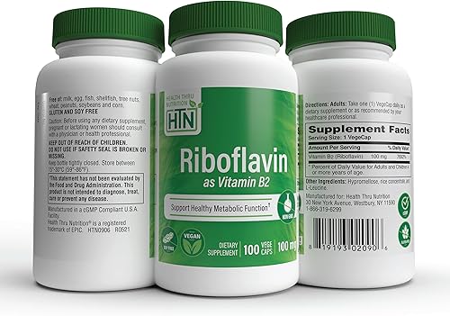 Miniatura 5 de Health Thru Nutrition Riboflavina 100 mg de vitamina B2  Vegana  Apoya la función metabólica de energía saludable y el sistema nervioso  Probado por