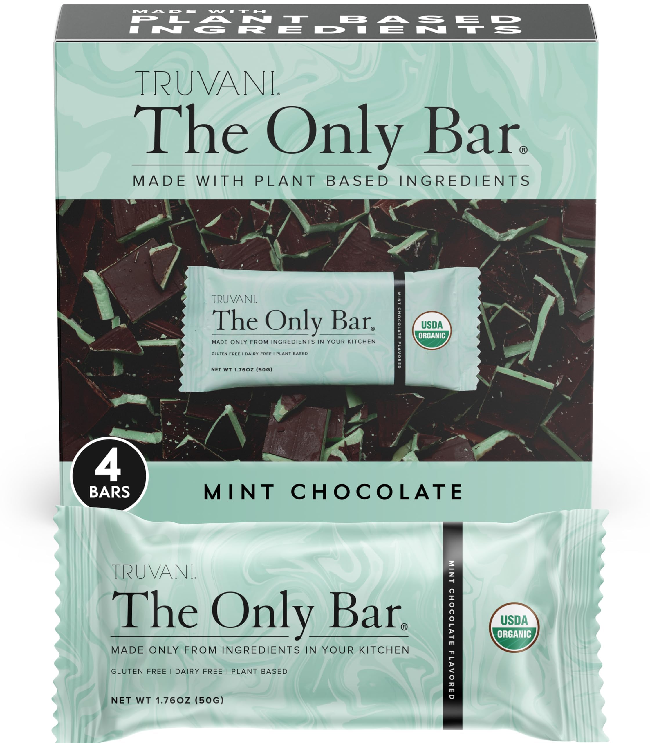 Truvani Plant Based Snack Bars | Chocolate Mint 4 Pack | 7g Protein | USDA Organic and Vegan | The Only Bar | Dairy, Soy, and Gluten Free |