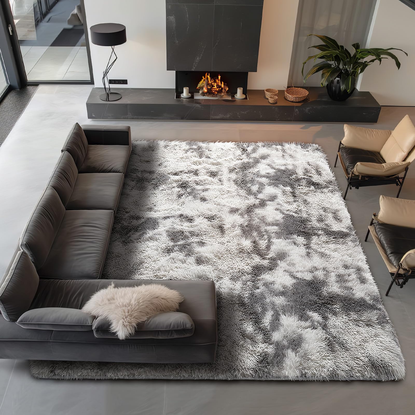 ophanie tie-dyed grey&white 8x10 area rugs for living room, large shag bedroom carpet, big indoor thick soft nursery rug, fluffy carpets for boy and girls room dorm home decor aesthetic