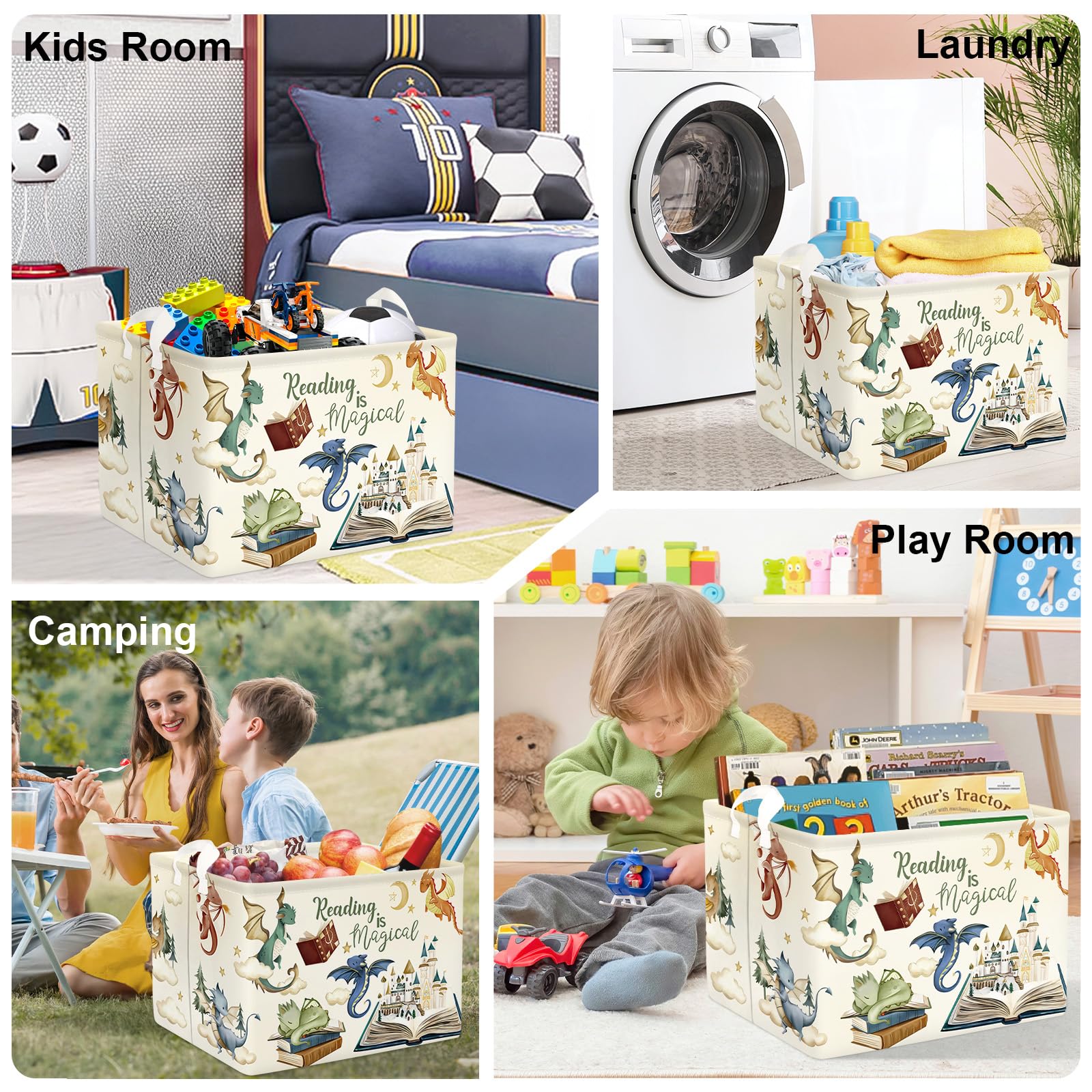 Grande Cesta Porta Biancheria Dinosauri Carini Pieghevole Cestini Portaoggetti Giocattoli Vestiti per Bambino Cesta Indumenti Sporchi per Bagno,Libri magici,36L