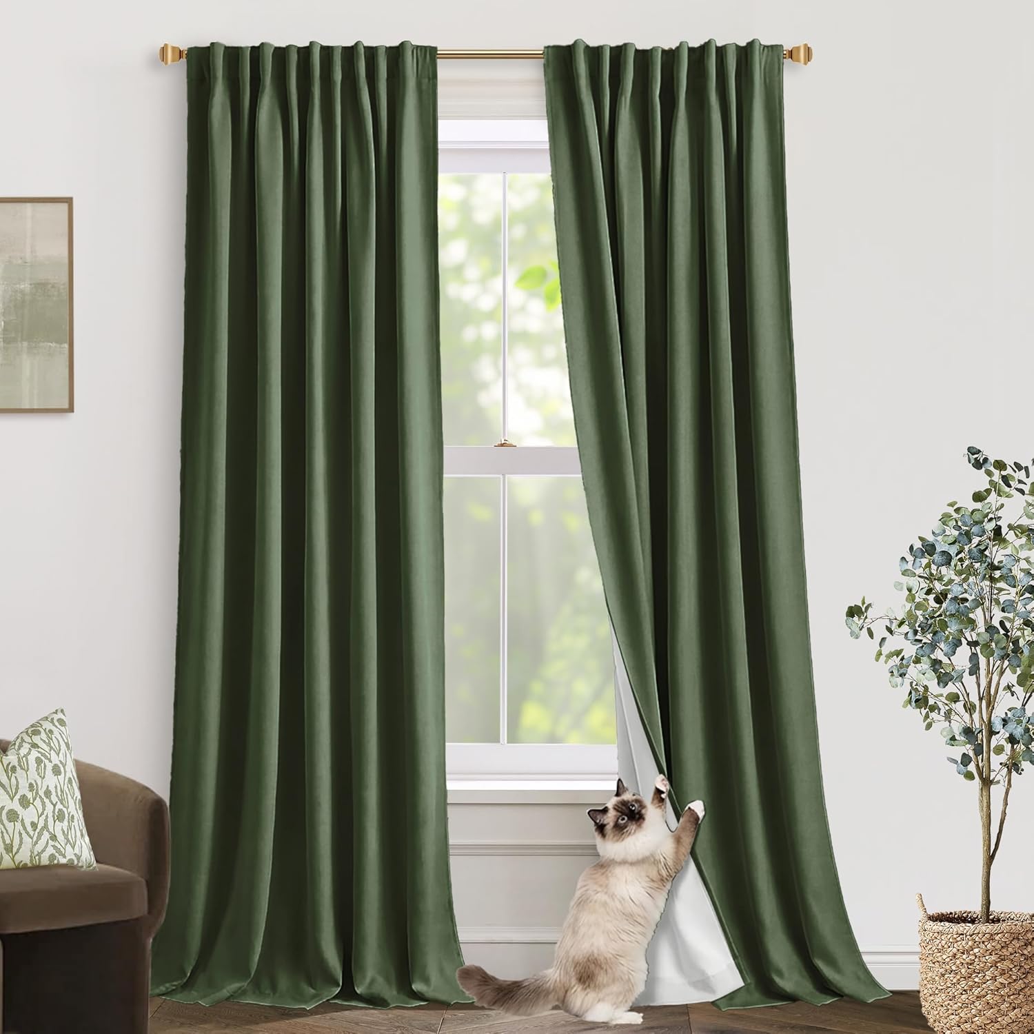 Dark Olive Green Curtains for Living Room 96 Inch Length,Moody Academia Window Treatments Thermal Room Darkening Linen Blackout Curtain Drapes 96 Inches Long,2 Panel Set