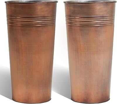 KOL 25 Tall Galvanized Steel Planter Pot with Water Level Indicator - 2-Pack Self Watering Planters Flower Pot for Plants - Round Powder Metal Planter Box - Indoor Outdoor Grande Plant - Bronze