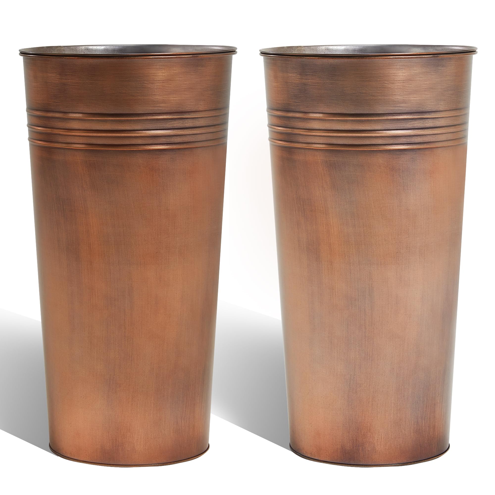 KOL 22''H 2-Pack Planter with Water Level Indicator - Galvanized Steel Pot - Self Watering Planters Flower Pot for Plant - Inner Pot Design - Round Metal Planter Box - Indoor Outdoor Planting - Bronze