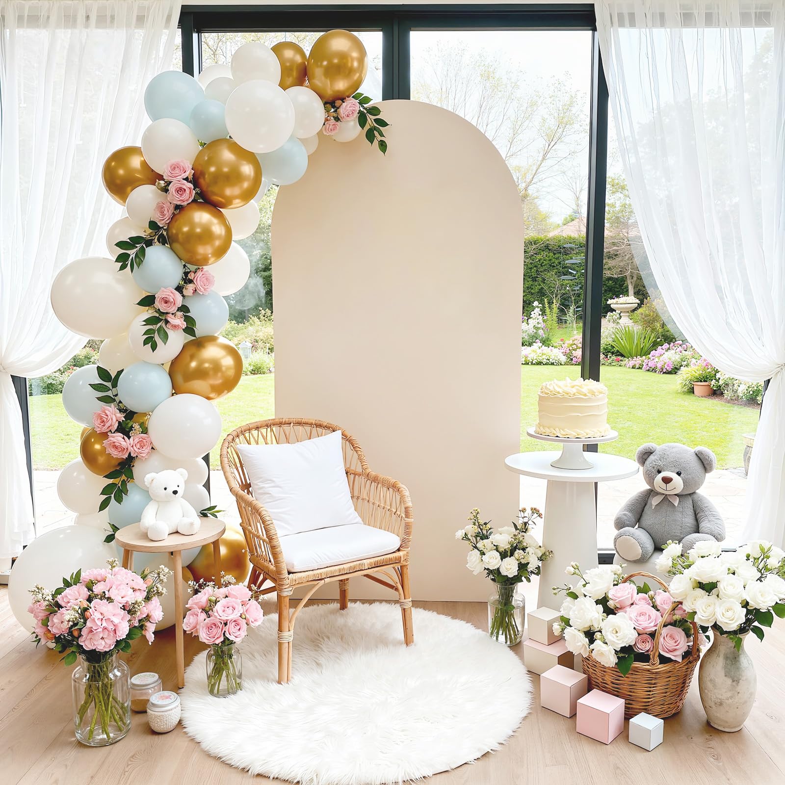 Lot de 3 toiles de fond pour arche de mariage, 1,8/1,5/1,2 m, dessus rond, double face, couverture de cadre pour fête d'anniversaire, cérémonie, banquet (beige)
