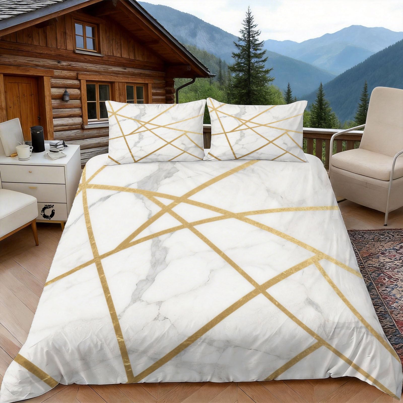 Housse de couette 240x260 marbre géométrique avec 2 taies pour lit 2 personnes