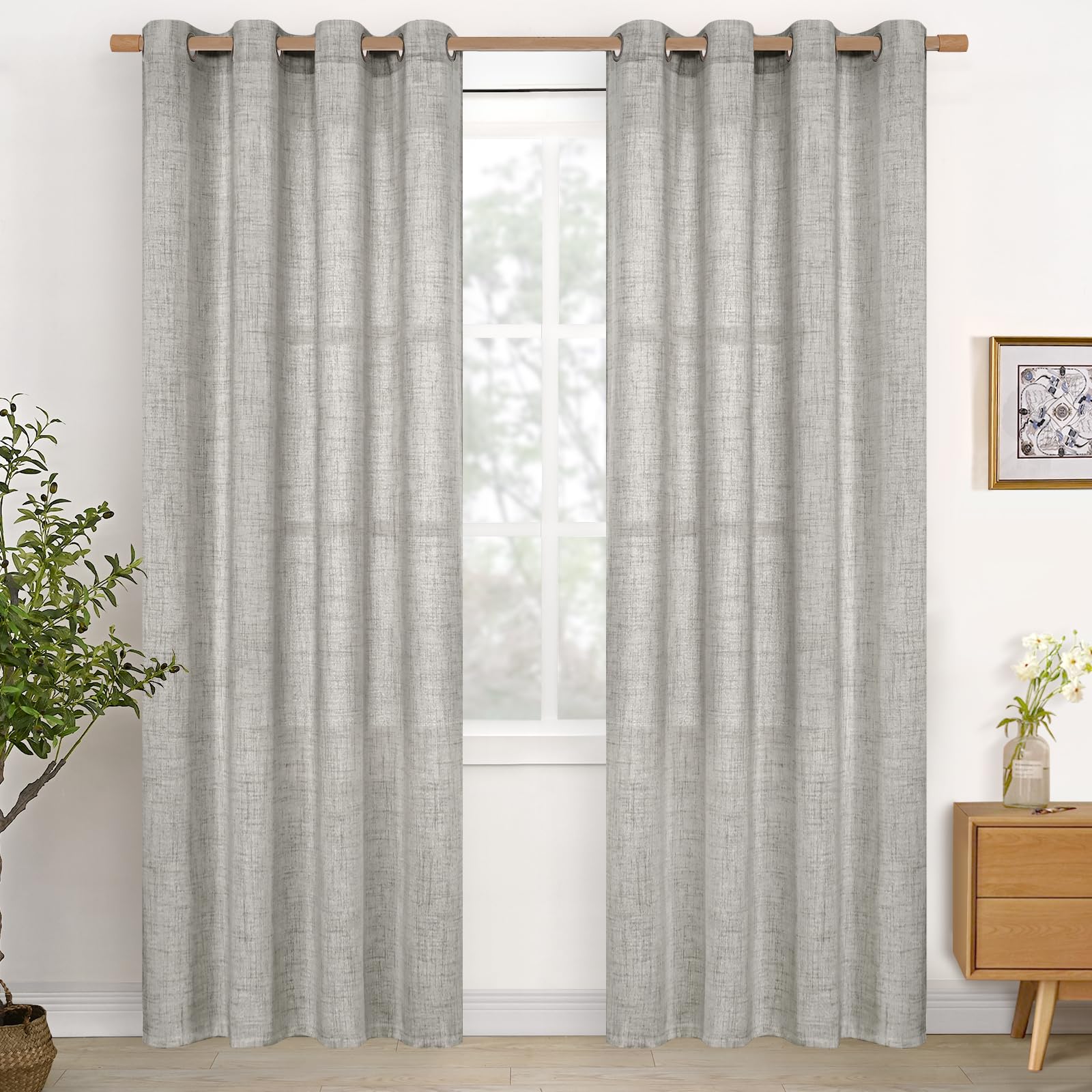 YoungsTex Dark Grey Linen Curtains for Living Room 52 X 80 Inch Length, Semi Sheer Drapes Light Filtering with Bronze Grommet for Bedroom Office