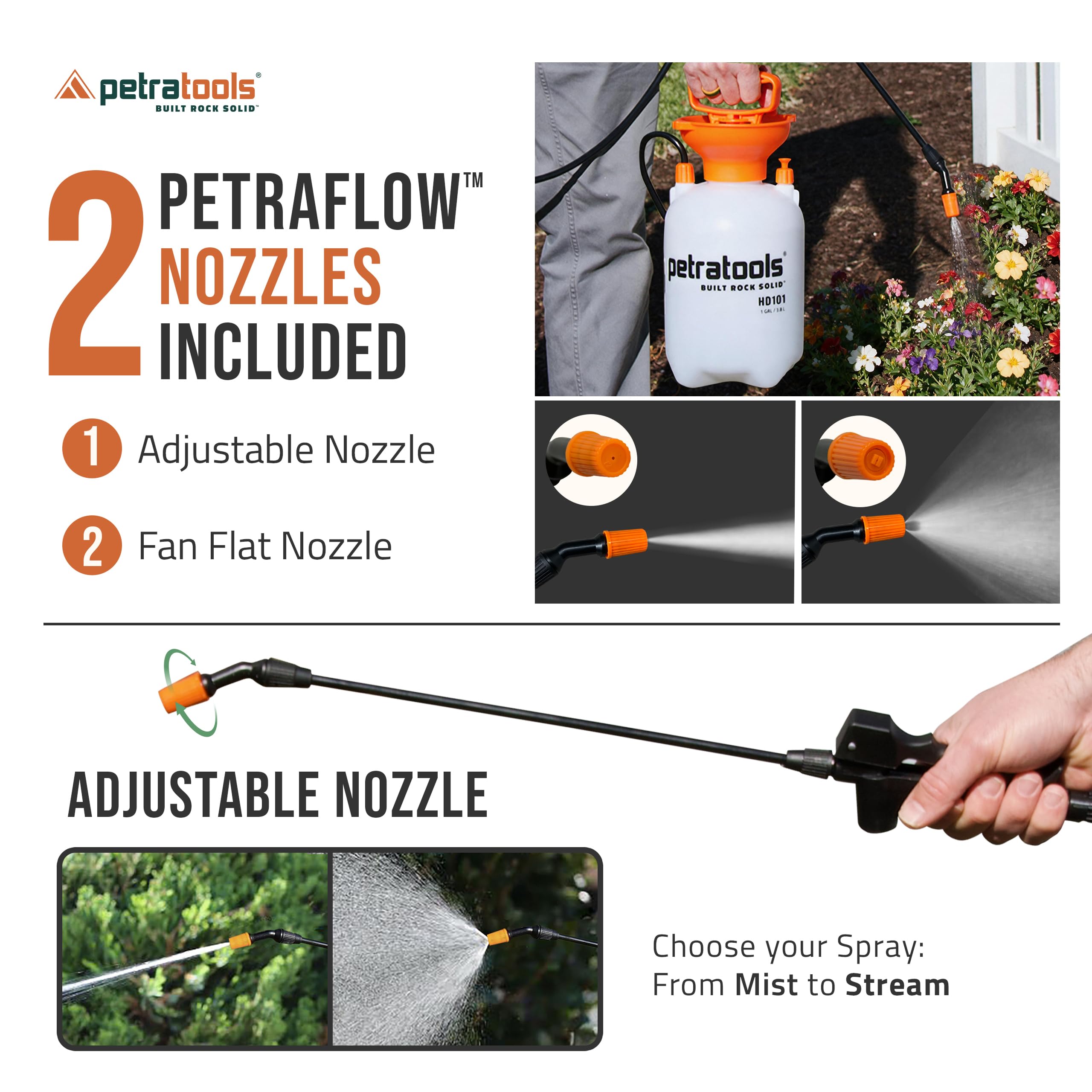 Petra 1 Gallone Pumpsprüher - HD101 Gartensprüher mit 2 Düsen, Verstellbare Düse, Lüfterdüse, Schwarz, Kunststoff, Handgerät
