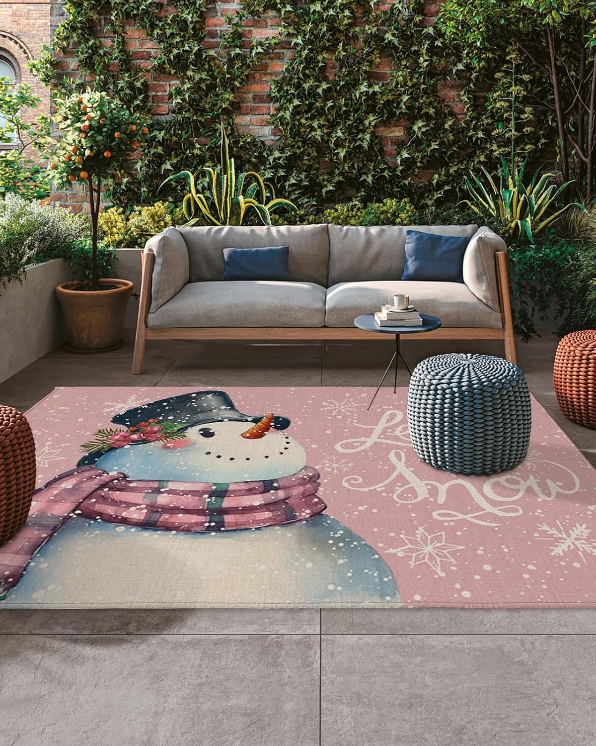 Outdoor Rug, Christmas Snowman Snowflake Scarf Holly Winter Absorbant Non-Slip Area Rugs Mat Carpet for Patio Balcony Porch Backyard Deck Rv Camping 6x9 ft
