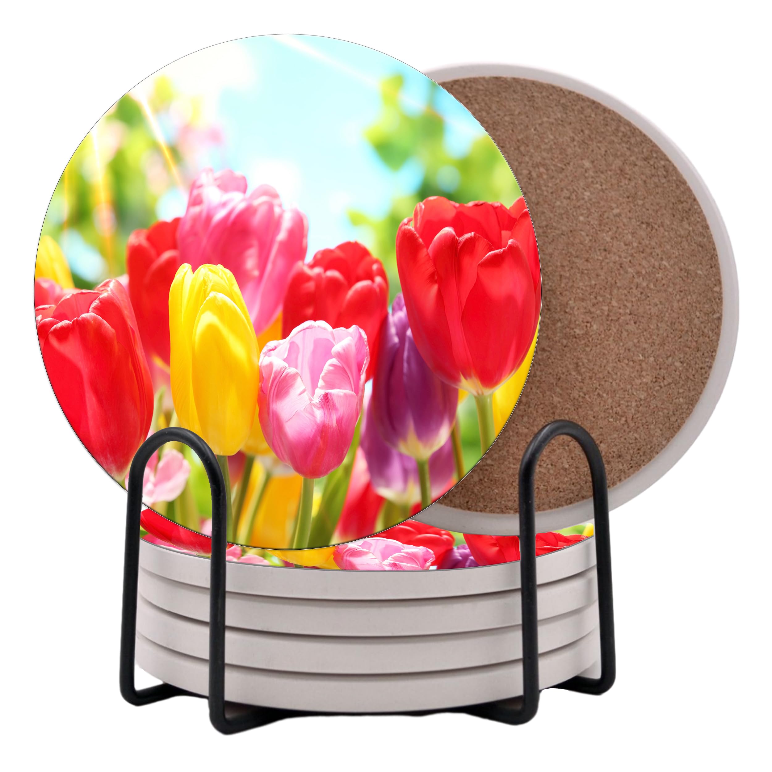 Abosrbent - Set di 6 sottobicchieri rotondi in ceramica con supporto in metallo per bevande, caffè, retro in sughero antiscivolo per protezione da tavolo, 10 cm (tulipani)