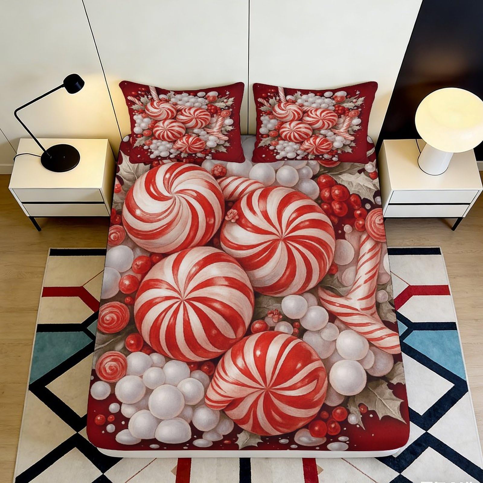 3D Printed Candy Swirl Red White Fitted Sheet Microfiber Soft Anti-Slip Peppermint Berry Bed Cover Bedroom Decor 180x200x25cm