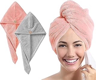 MAXOSHINE Hair Towel Wrap for Women-Quick Drying Microfiber Towel for Hair with Elastic Loop for Tying-Super Absorbent Head Towels Wrap for Ladies Hair Turban (Pack of 2-Grey & Pink)