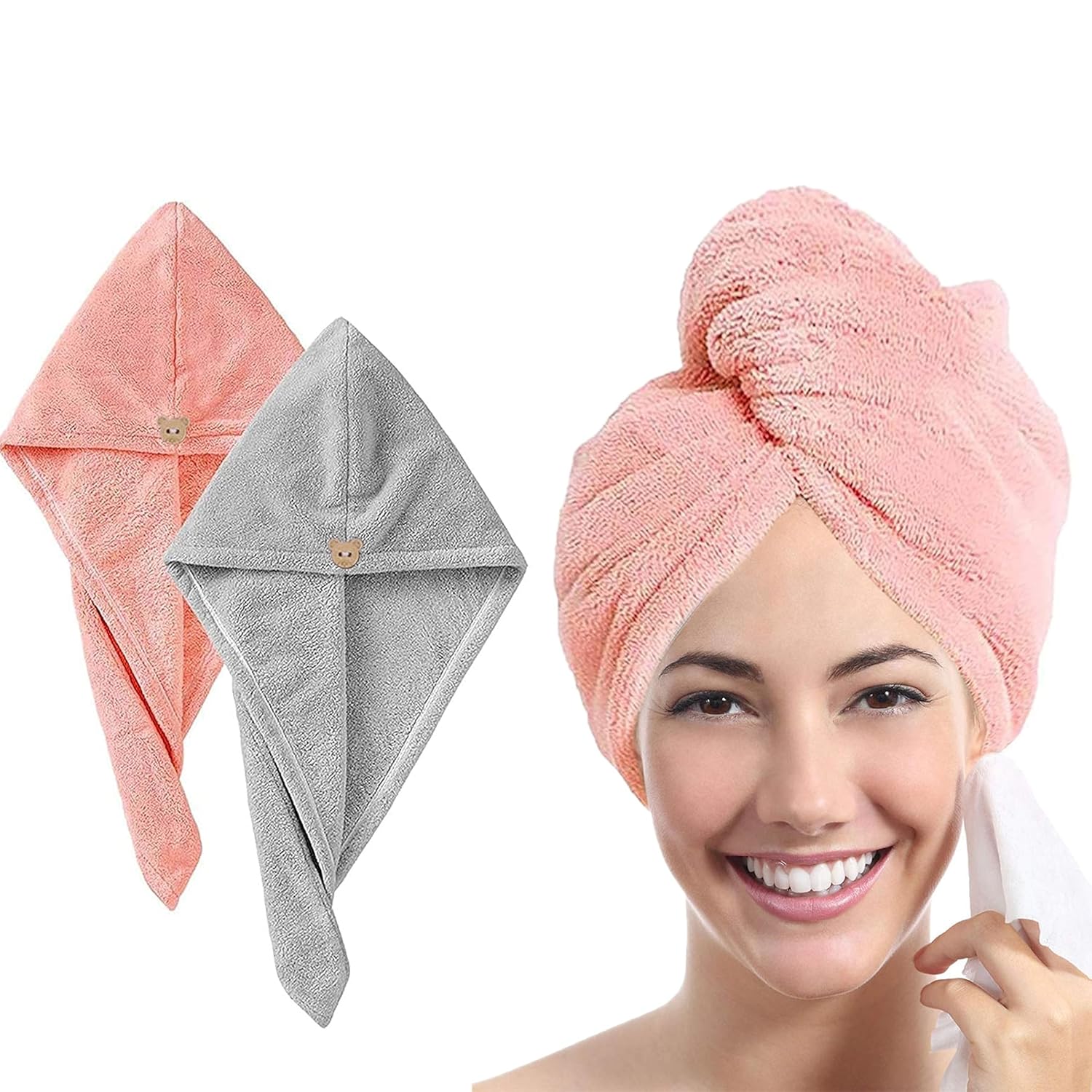 MAXOSHINE Hair Towel Wrap for Women-Quick Drying Microfiber Towel for Hair with Elastic Loop for Tying-Super Absorbent Head Towels Wrap for Ladies Hair Turban (Pack of 2-Grey & Pink)