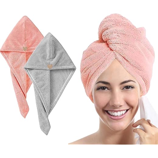 MAXOSHINE Hair Towel Wrap for Women-Quick Drying Microfiber Towel for Hair with Elastic Loop for Tying-Super Absorbent Head Towels Wrap for Ladies Hair Turban (Pack of 2-Grey & Pink)