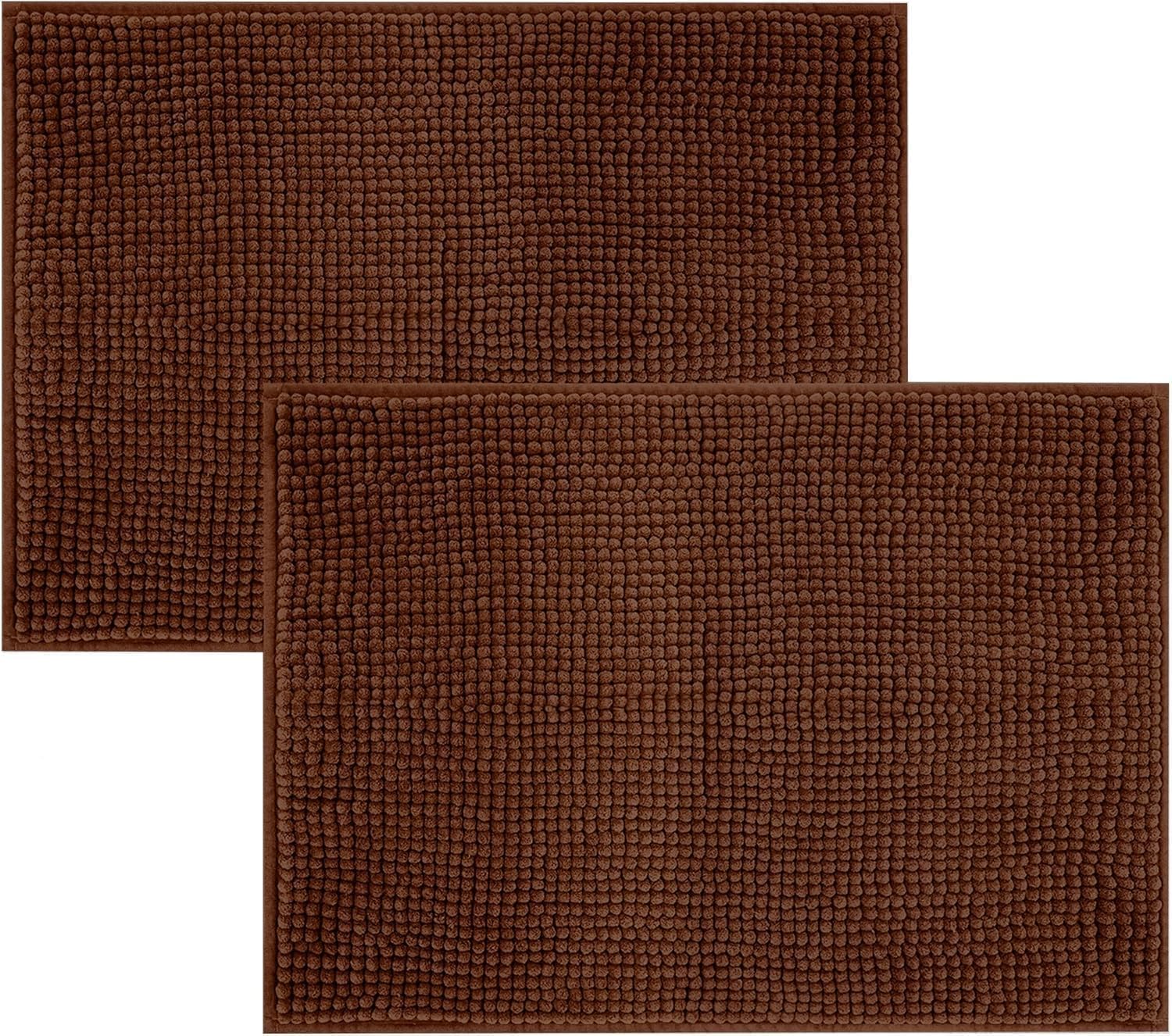 Hafaa Brown Bath Mat Non Slip Anti Mould – (2 Pack) 50x80 cm Chenille Bathroom Mat