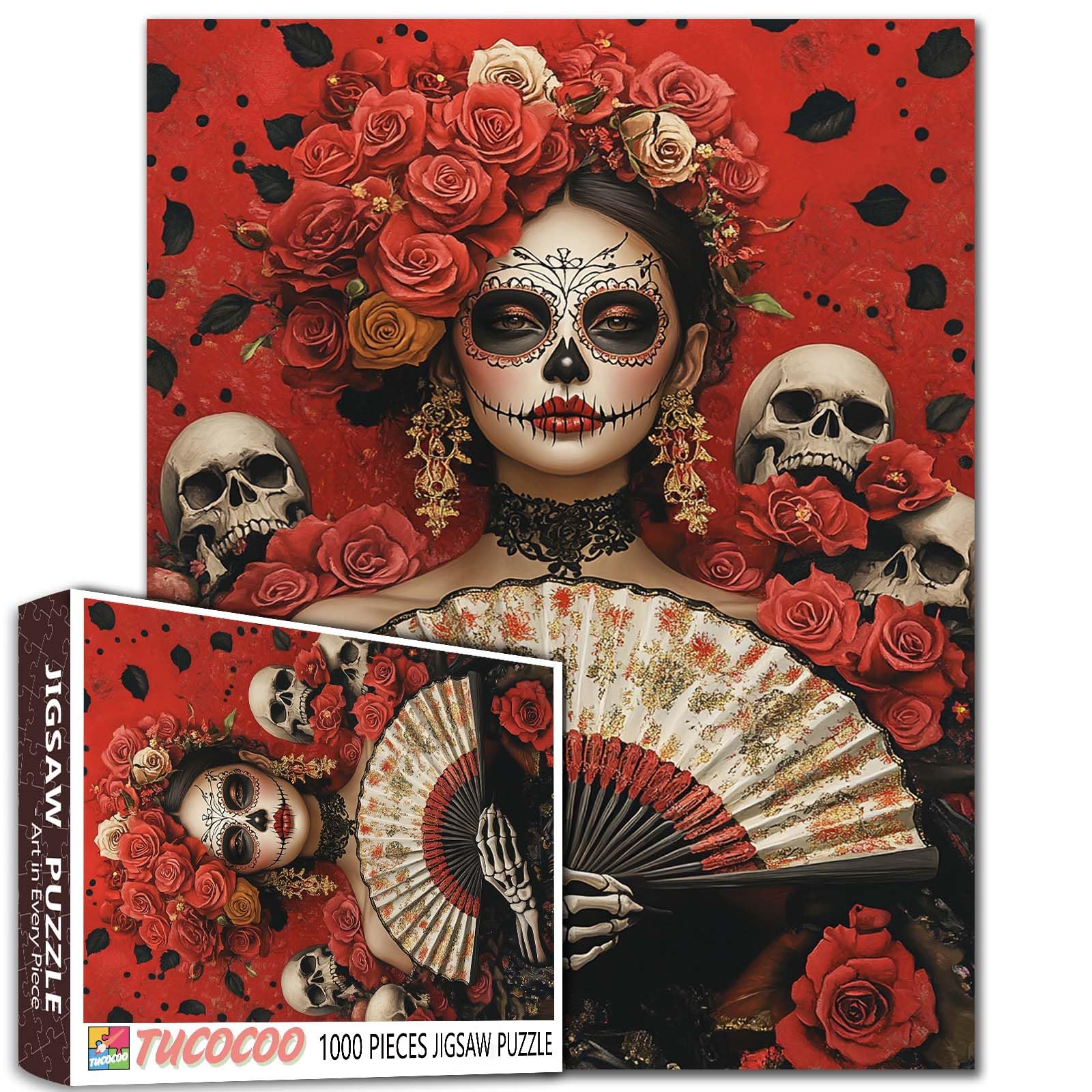 Fantasy Sugar Skull Woman Holding Fan 1000 Piece Jigsaw Puzzle for Adults Students Roses and Skulls Day of The Dead Art Puzzles 20X27 Inches Full Body Portrait Red Floral Background Jigsaws โ image 1