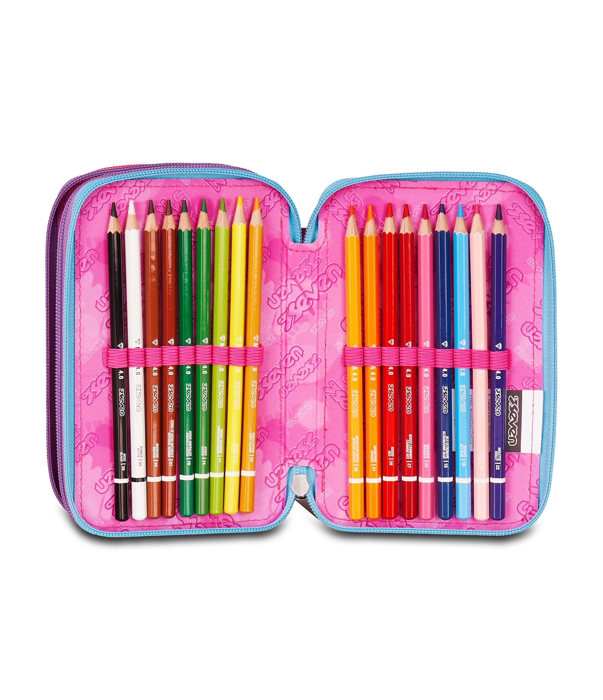 Seven Astuccio Scuola 3 scomparti con Matite Pennarelli Penne 3 Zip rosa/azzurro