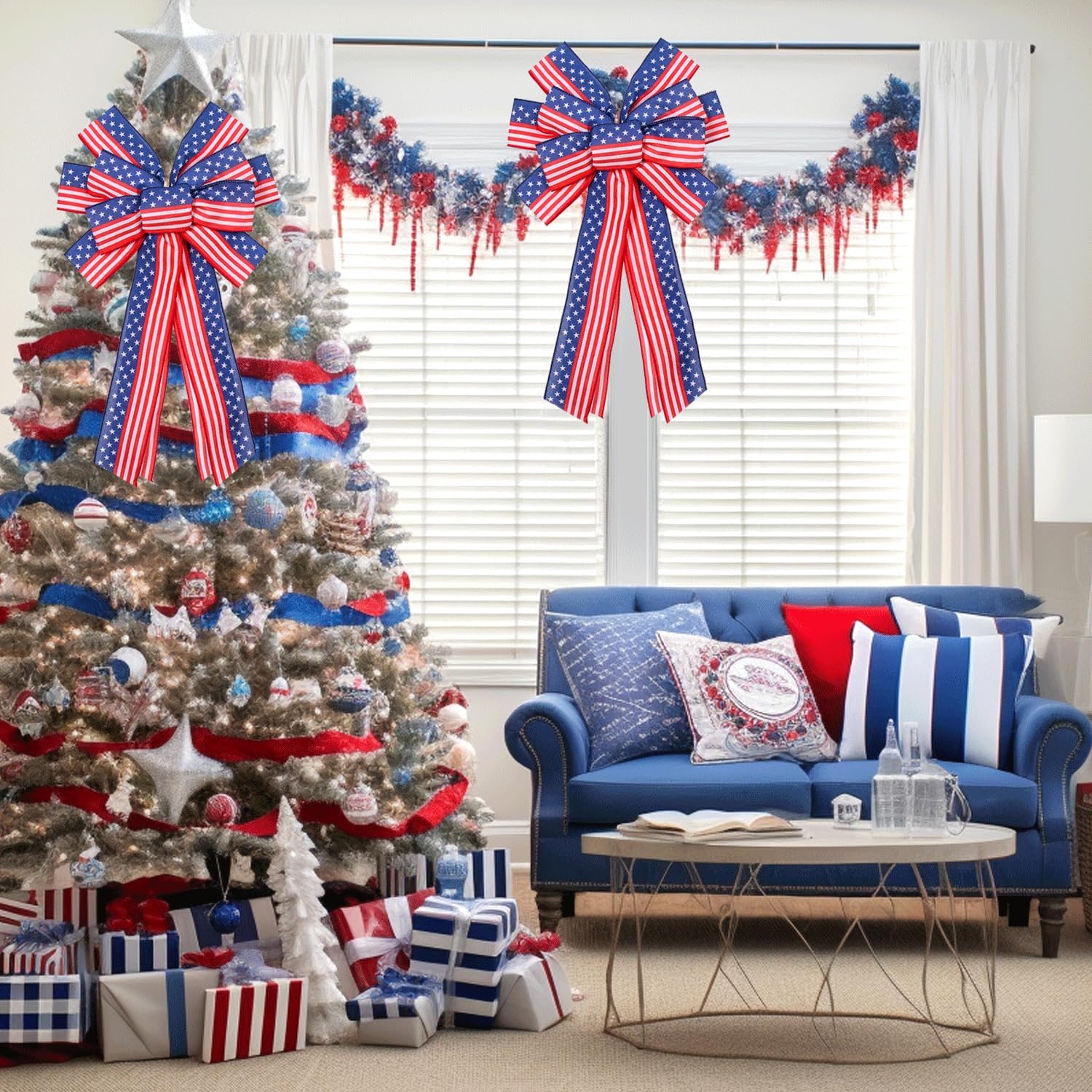 2 PCS Large Patriotic Wreath Bows Star and Stripe America Flag Bow 4th of July Red Blue Burlap Bow for Veteran's Day Independence Day Memorial Day Front Door Holiday Party Home Decor 20 * 12"