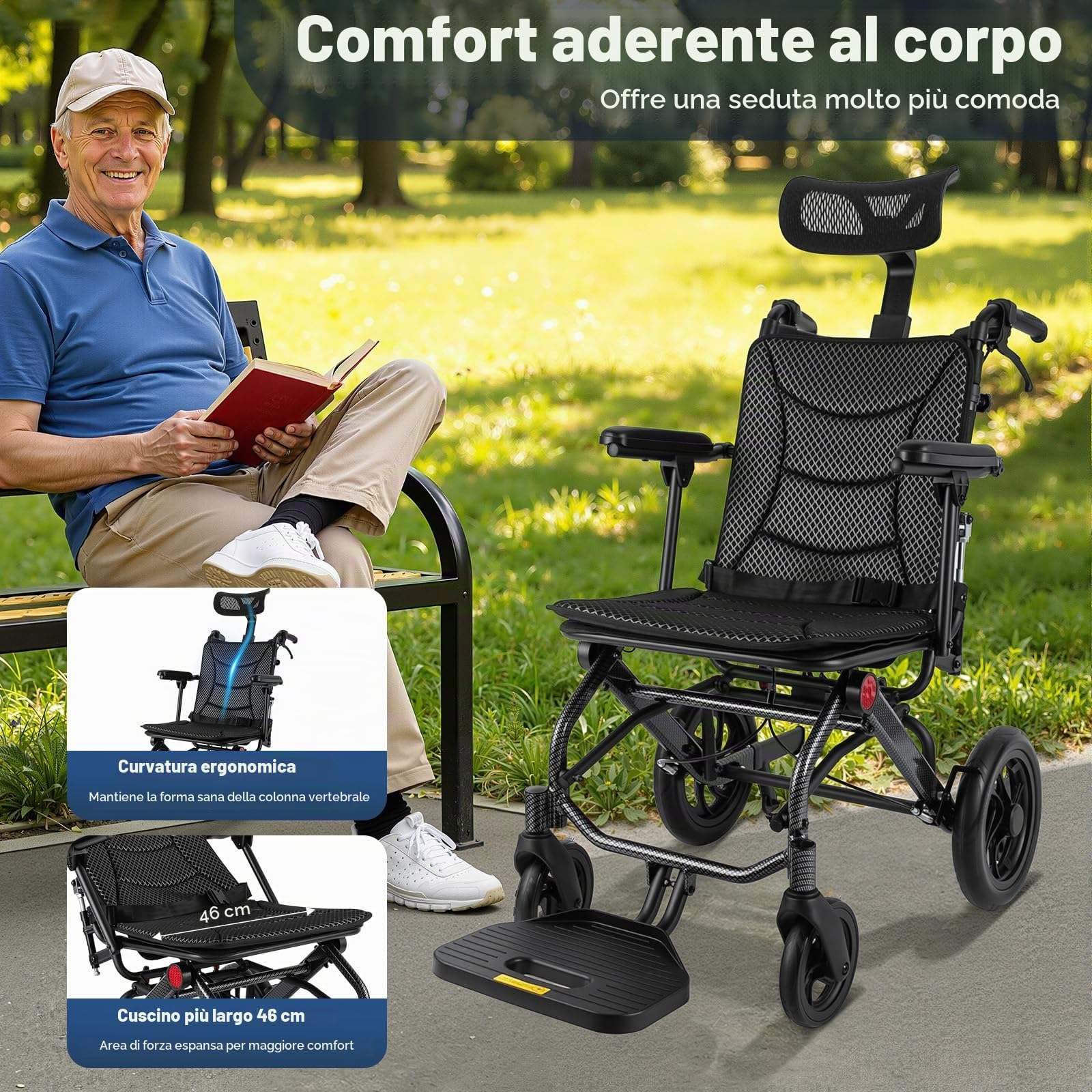Sedia a rotelle pieghevole in alluminio, portata 130 kg, schienale regolabile da 90 ° a 175°, poggiatesta, braccioli a 360° per anziani