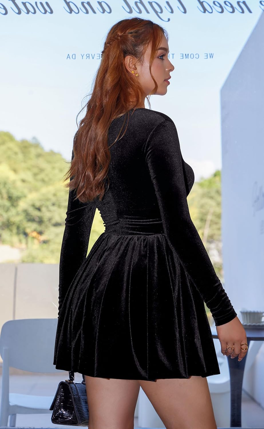 GOBLES Women's Sexy Long Sleeve Square Neck Velvet Bubble Mini Cocktail Party Dress - Image 3