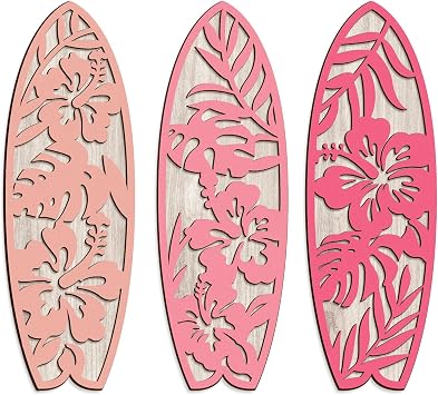 3 Pieces Hibiscus Surfboard Decor for Bedroom Wooden Beach Wall Decor Summer Wood Surfboard Wall Hanging Sign for Tropical Living Room Decoration, 4Lx12W*3 Pink