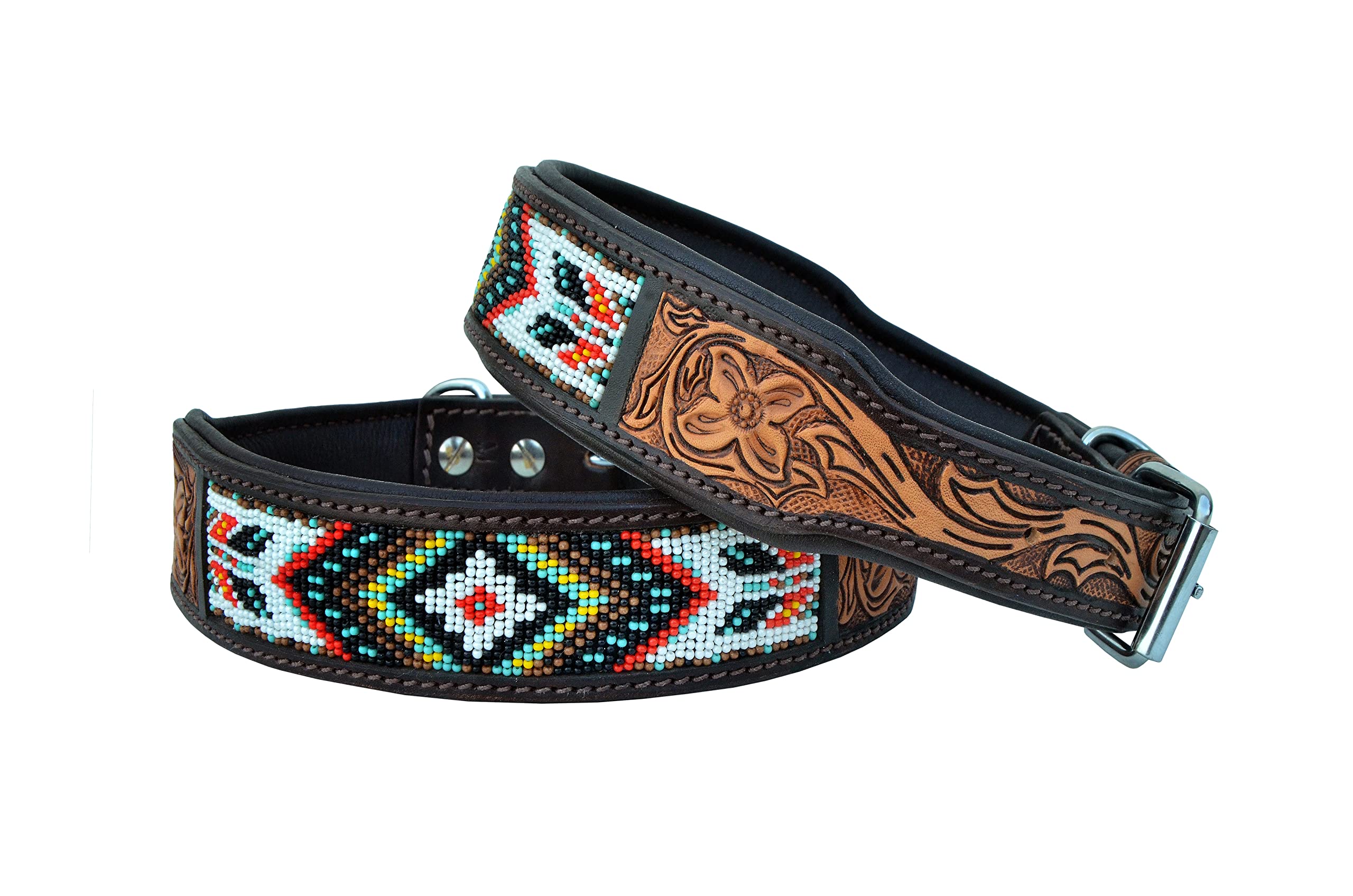 Affilare Leather Dog Collar Western Style Heavy Duty Hand Tooled Adjustable Beaded and Padded Soft for Puppies and Big Dogs 10AB003, Brown Teal White Red, Extra Small (Middle Notch at 11'')