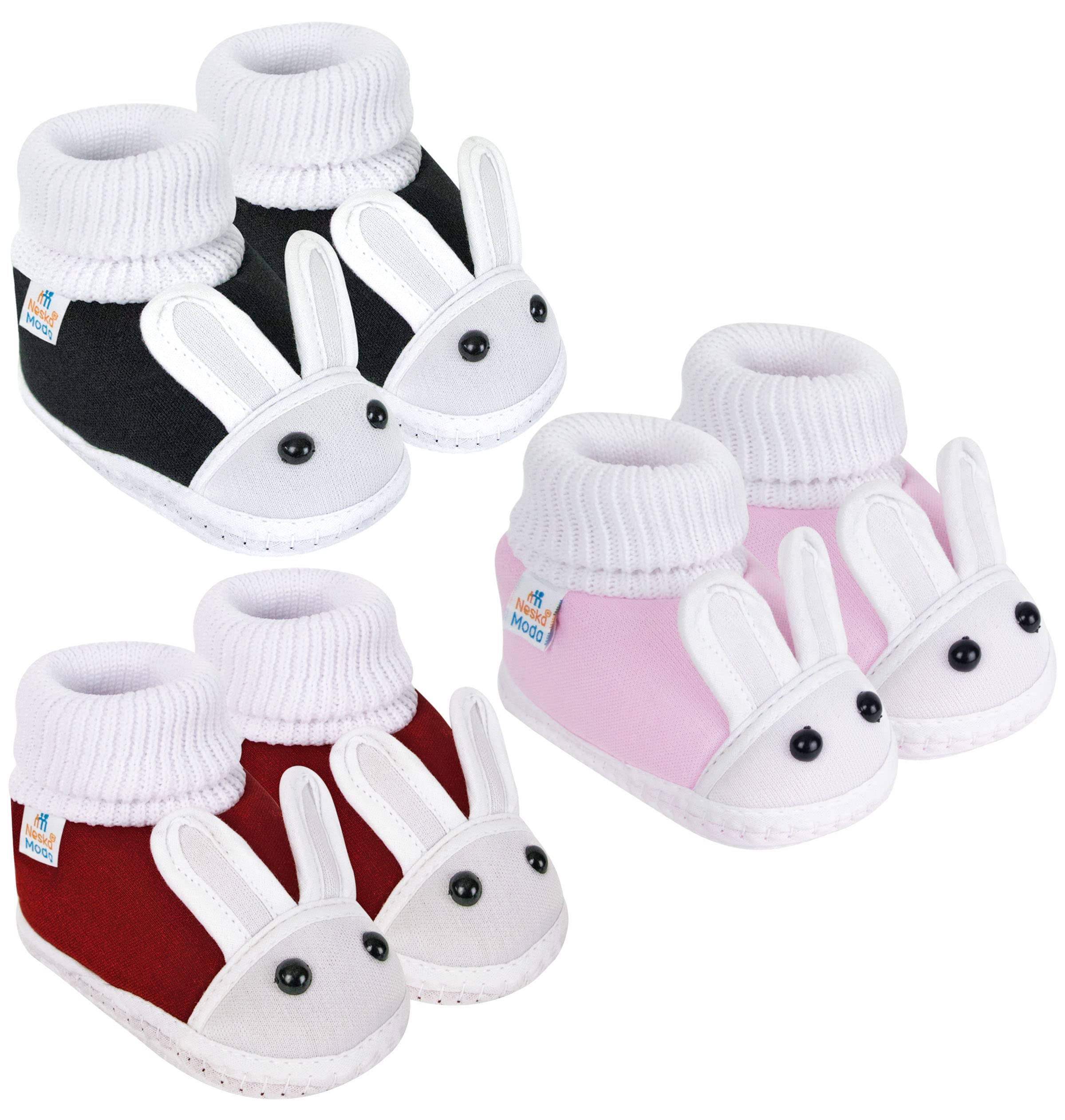 0 To 6 Months Baby Boys & Girls Pack of 3 Pair Cotton Rabbit Face Slip On Baby Booties-image-19