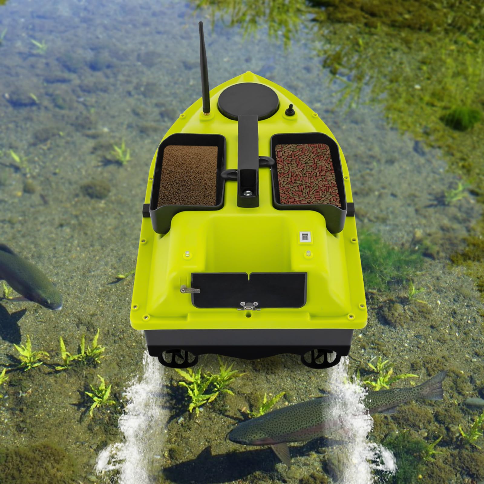 Barco de pesca con GPS, 99 posiciones, motor dual de 52 W, batería de 90 min, alcance de 600 m, mando a distancia LCD, incluye bolsa de transporte