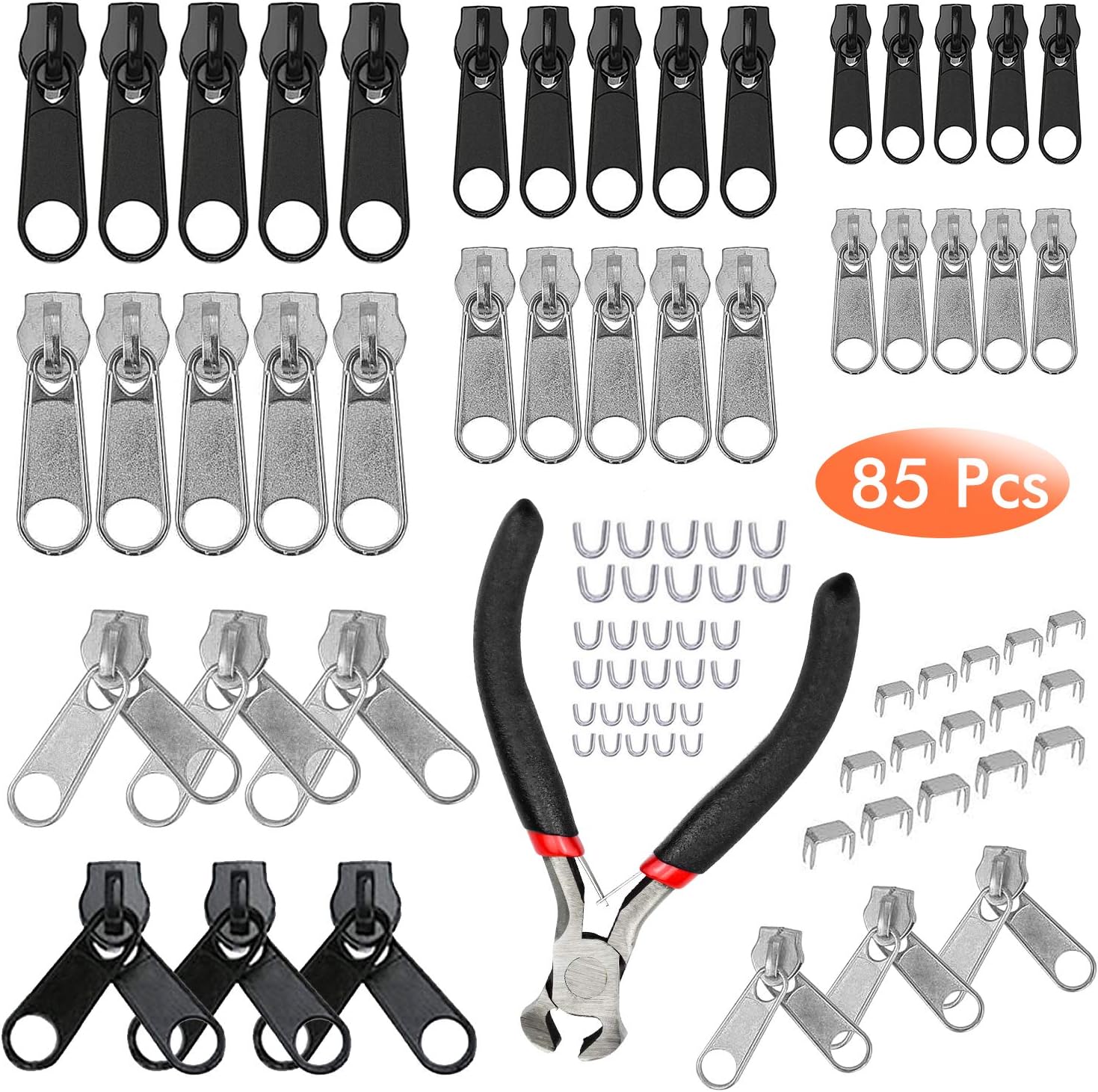 85 Pieces Zipper Kit Metal Pull Tabs Zip Fixer Parts With Zipper Pliers for Jeans Coats Jacket, Silver Black