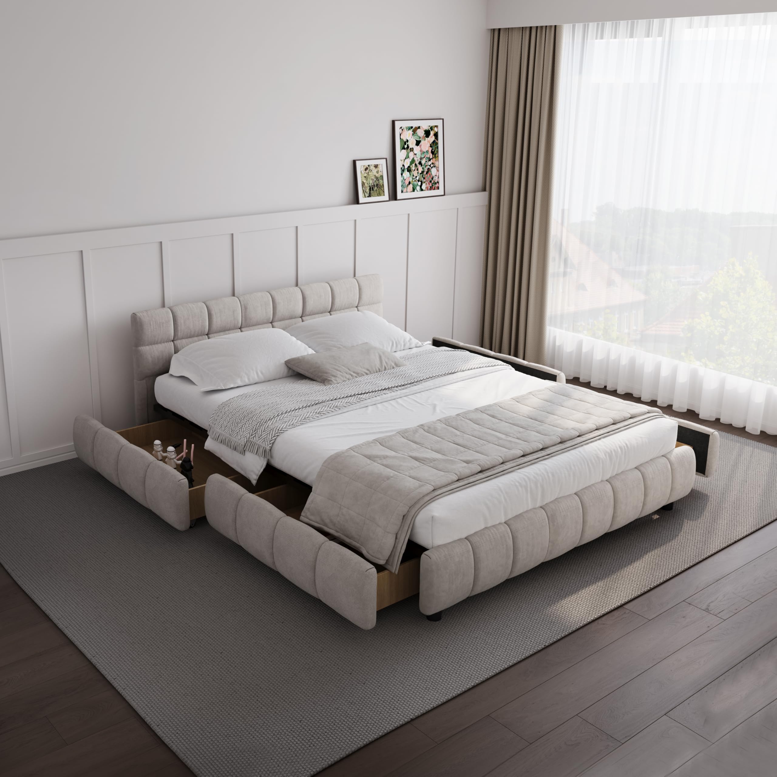 DEINPPA Queen Modern Bed, Chenille Upholstered Platform Bed with Cloud Soft Headboard, Grounded Upholstered Wood Base Platform Bed with 4 Storage Drawers, Italian Style Modern Beds-Beige