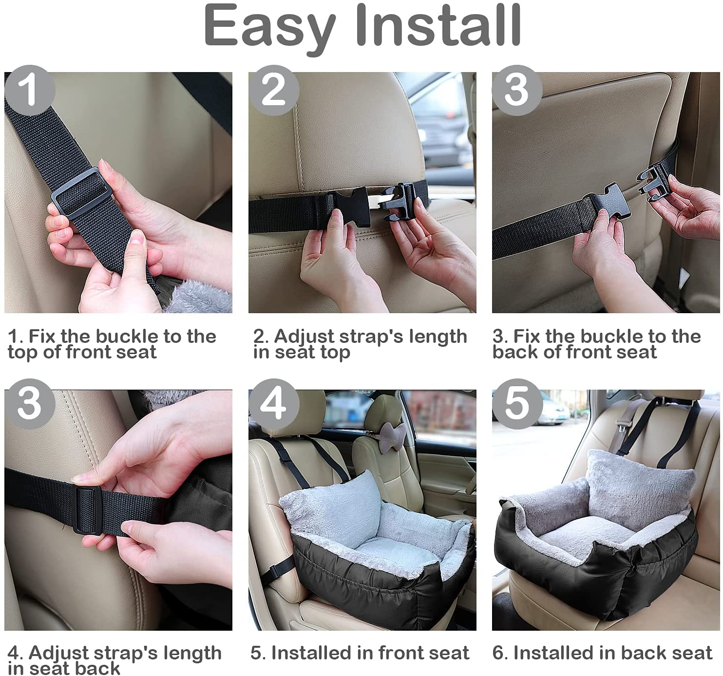 GoFirst Dog Car Seats for Small Dogs or Cats, Pet Booster Seat Travel Bed with Storage Pocket and Clip-On Safety Leash, Waterproof Warm Plush Dog Car Safety Seats,Black — view 6