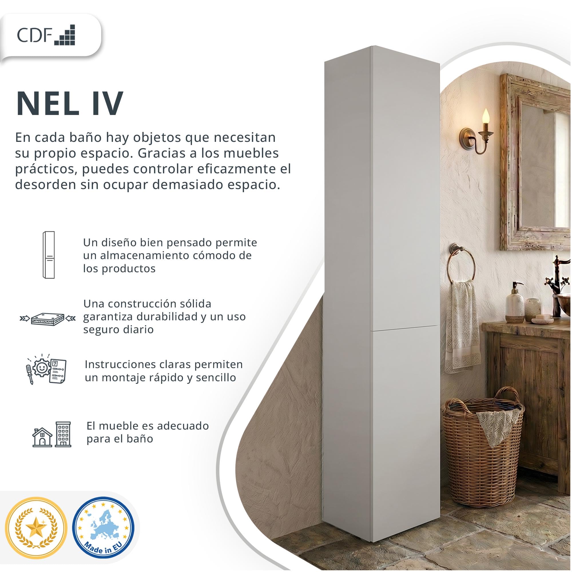 CDF Mueble de Baño y Lavandería, Columna de Baño Estrecho, Armario Alto con Cesto para la Ropa, Armario Que Ahorra Espacio Salón, Pasillo, Aseo Cachemira (Beige), Ancho 31 cm, 30x31x174 cm
