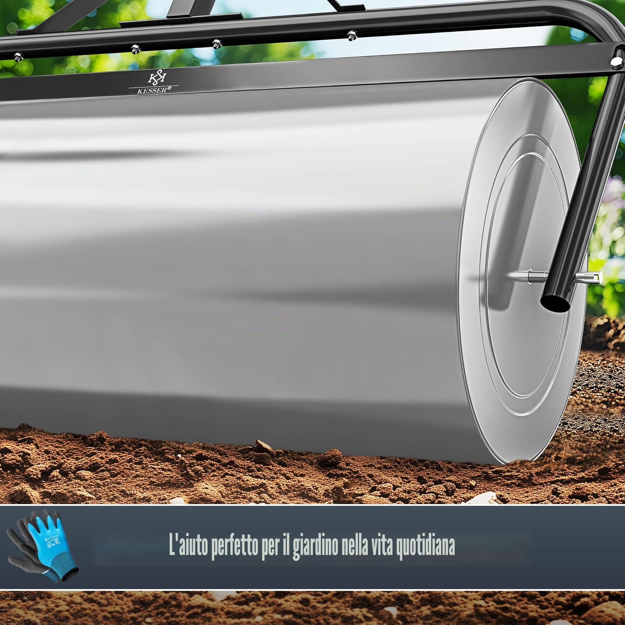 KESSER® Rullo per prato in metallo riempibile con acqua o sabbia, con 63 litri di volume e 99 cm di larghezza, rullo da giardino con guanti, rullo manuale per prato, rullo per prato, rullo da