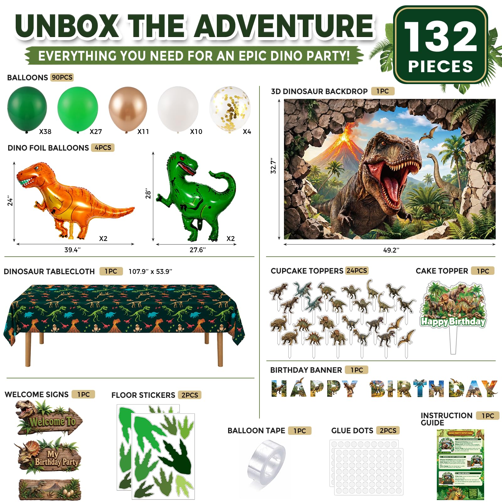 LovesTown Dinosaur Birthday Party Decorations Kit for Kids, 132PCS