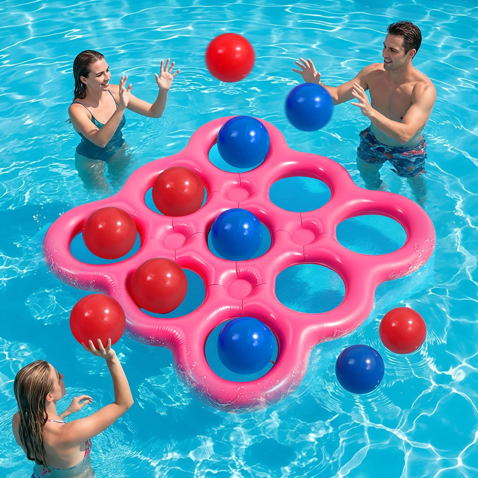 MoKo Set de Juegos Acuáticos Tic-TAC-Toe para Piscina, Flotador de Piscina Inflable con 10 Pelotas, Juegos para Fiestas Familiares Playa Adultos Adolescentes Niños 2-10 Jugadores