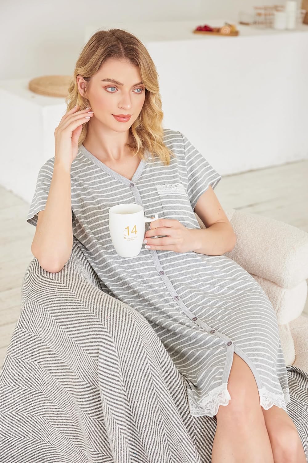 Ekouaer Nightgowns for Women Button Down Nightgown Striped Dress Short Sleeve Sleepwear S-3XL - Image 5