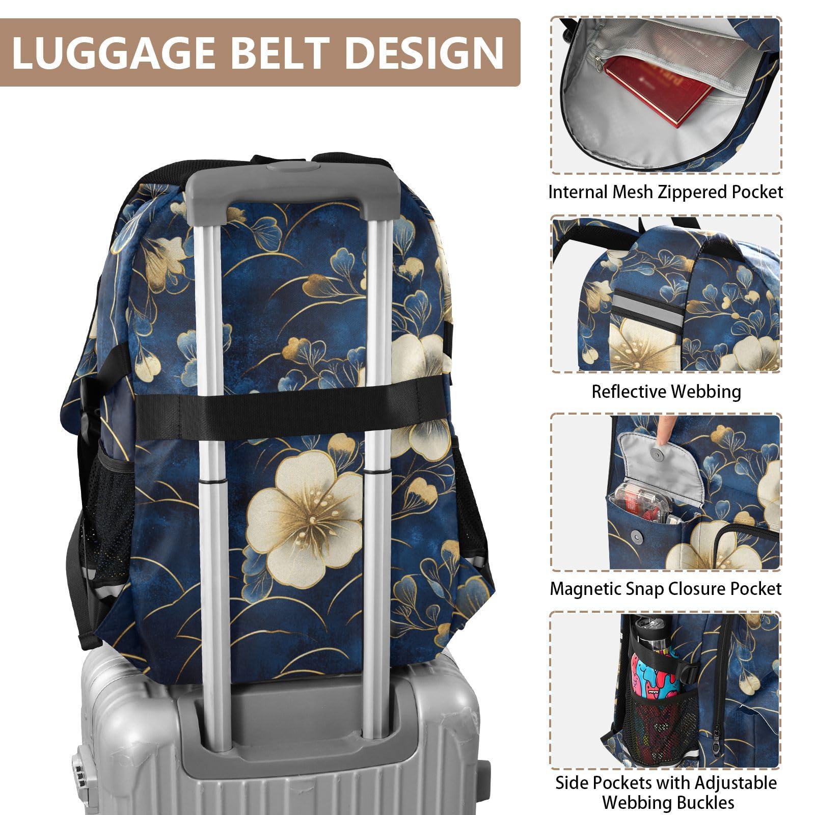 Mochilas de viaje para mujer, color azul y dorado, retro, románticas, flores, bolsa de trabajo universitaria, mochila de trabajo de 17.5 pulgadas, mochila de negocios