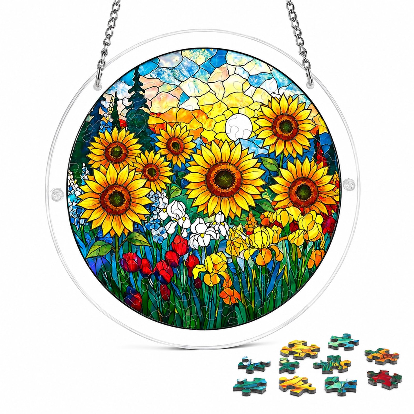 Acrylic Jigsaw Puzzle Suncatcher, Sunflower Field Sun Catchers for Windows, 83 Pieces Acrylic Suncatcher Puzzle with Frame and Chain, DIY Home Decor Gift for Women Men Birthday, 7 In