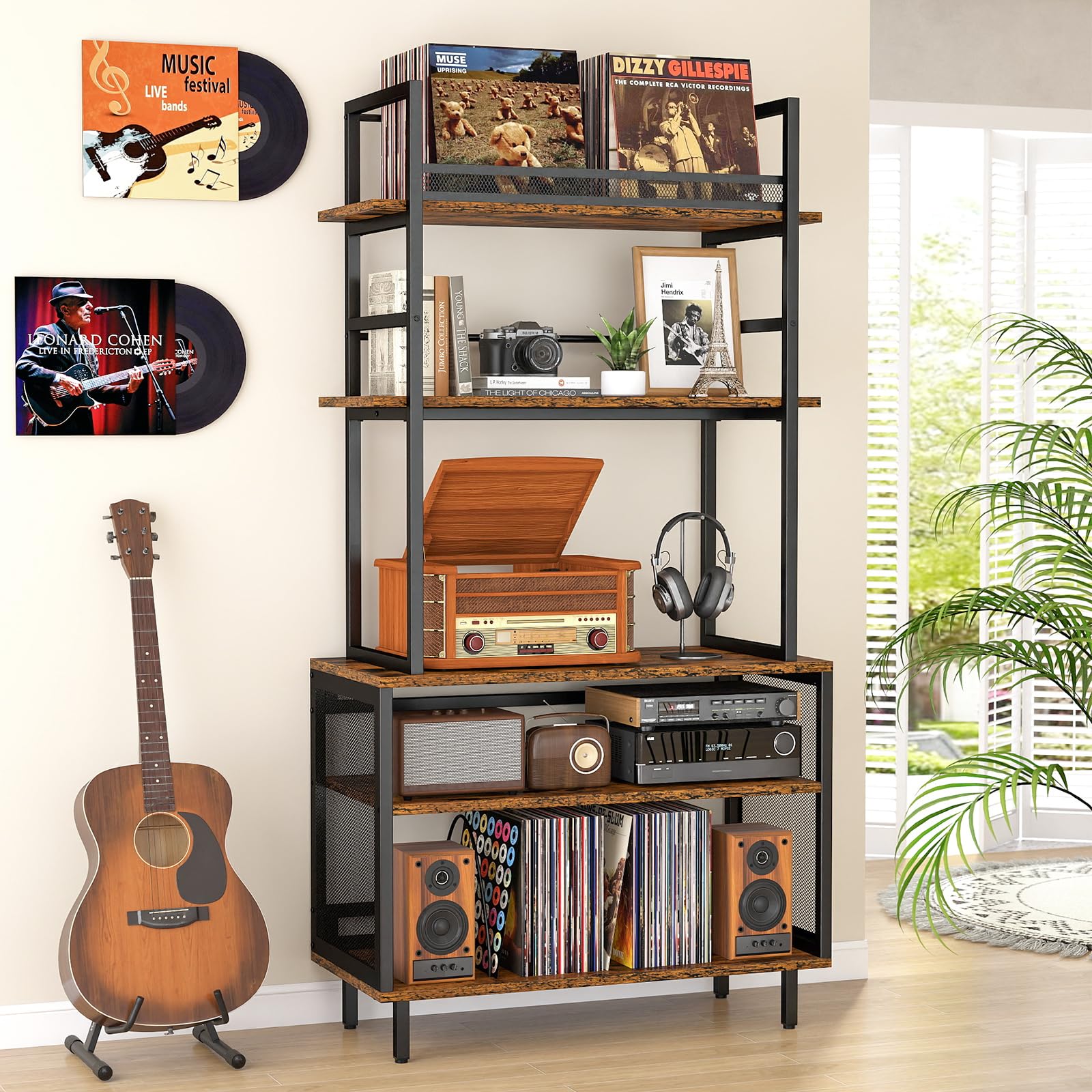 ikkle Record Player Stand with Vinyl Storage, Turntable Stand Holds Up to 400+Albums, 5 Layer Large Record Player Table with CD Racks and Record Display for Living Room, Bedroom