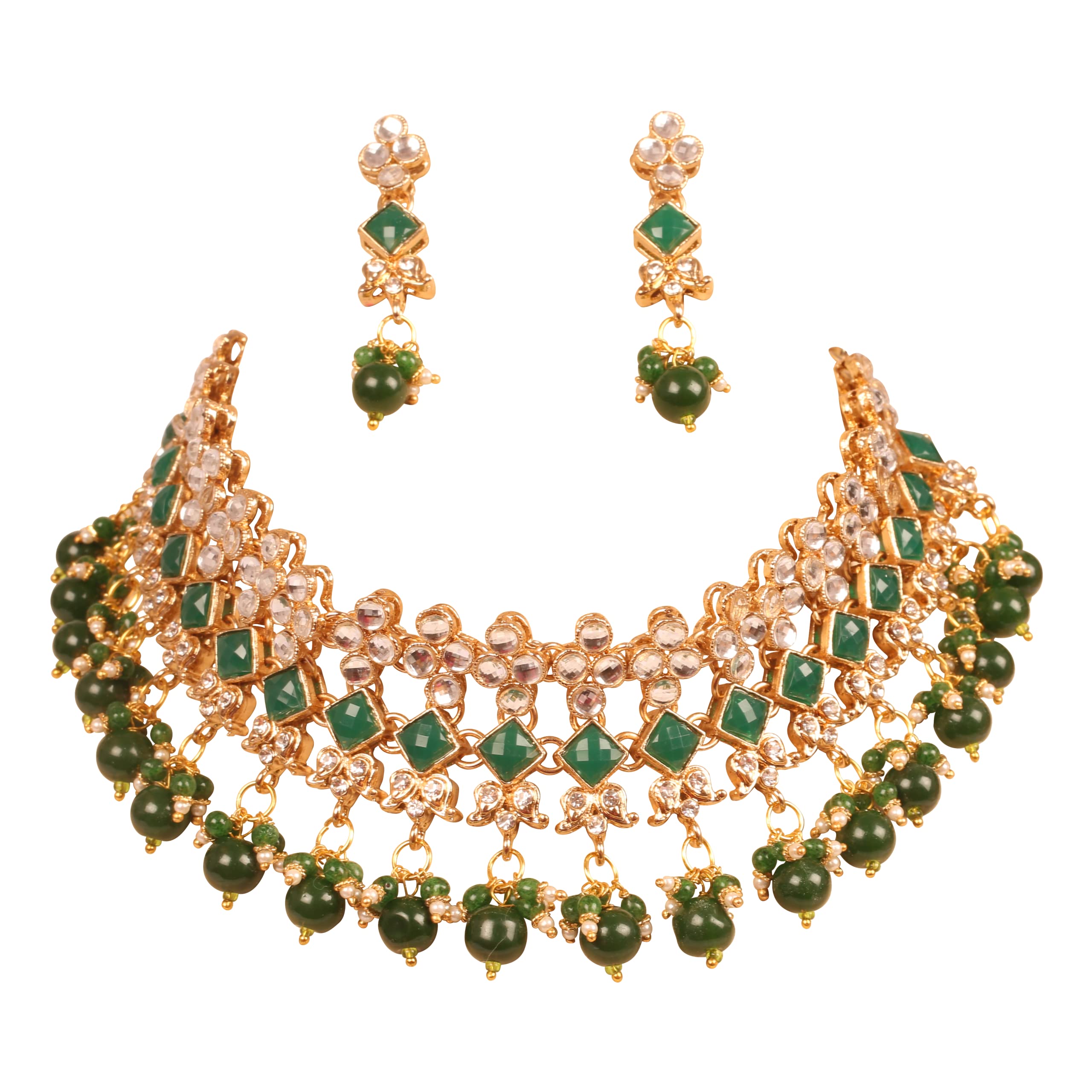 Sunsoulby Touchstone Indian Bollywood Traditional Handcrafted Hangings Designer Jewelry Necklace Set in Gold Tone for Women.