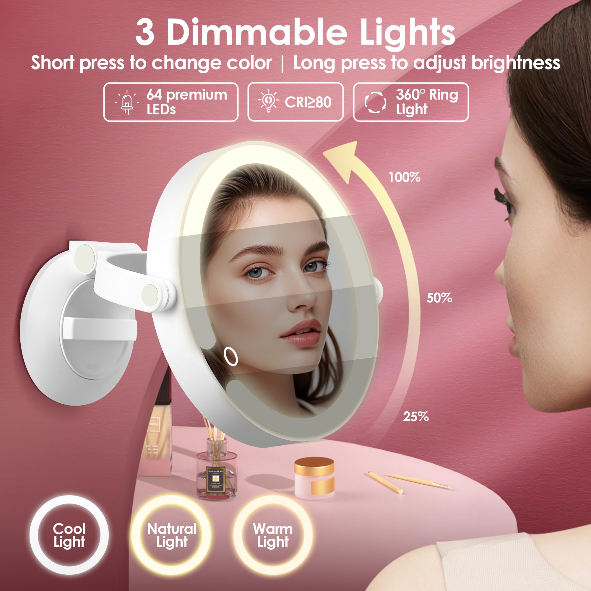 Specchio da trucco con illuminazione e specchio cosmetico con ingrandimento 30x, specchio ingranditore con ventosa con luce grande, specchio da parete