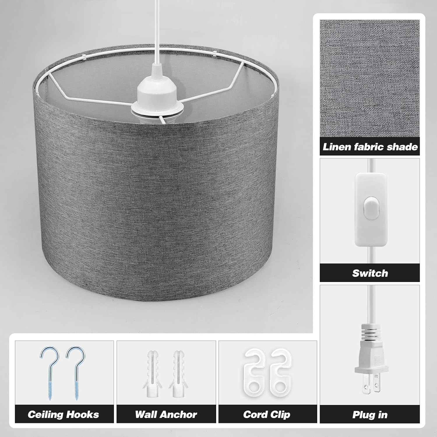 KUAUGST Plug in Pendant Light, 15 FT Hanging Lamp with Plug in Cord, On/Off Switch, Pendant Lighting with Fabric Shade, Hanging Light Fixture for Living Room, Bedroom, Dining Room, Kitchen (Gray)