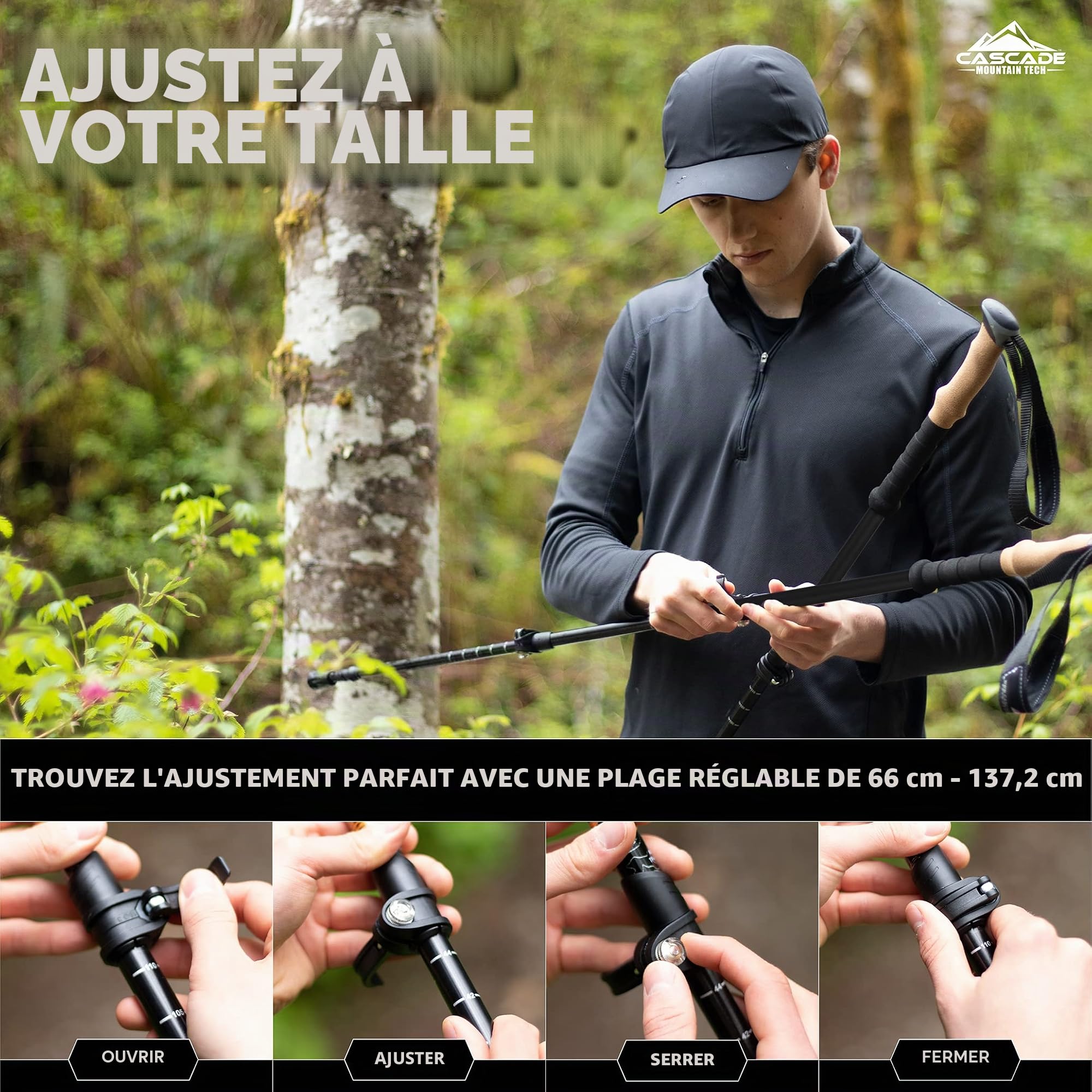 Cascade Mountain Tech Bâtons de Trekking – Bâtons de Marche ou de randonnée en Fibre de Carbone avec verrous réglables Rapides (Lot de 2)
