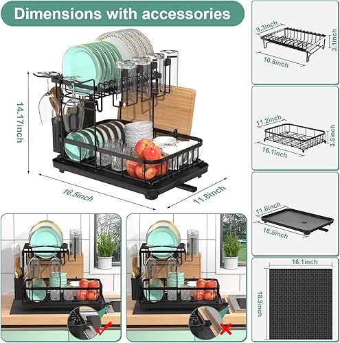 Miniatura 2 de Escurridor de platos de 2 niveles con escurridor, organizador de platos grande y colador para encimera de cocina con paspartú, soporte para copas de