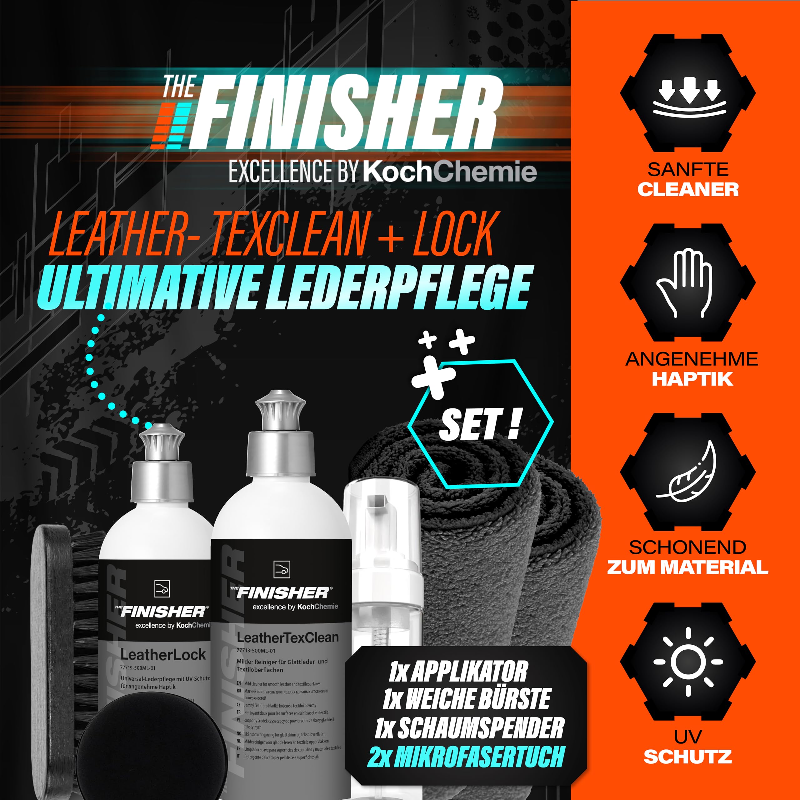 Auto Lederpflege & Reiniger Set | THE Finisher LeatherTexClean 500ml + LeatherLock 500ml + Foamer + Bürste + Applicator + 2 Mikrofasertücher | Lederreinigung & Pflege mit UV-Schutz