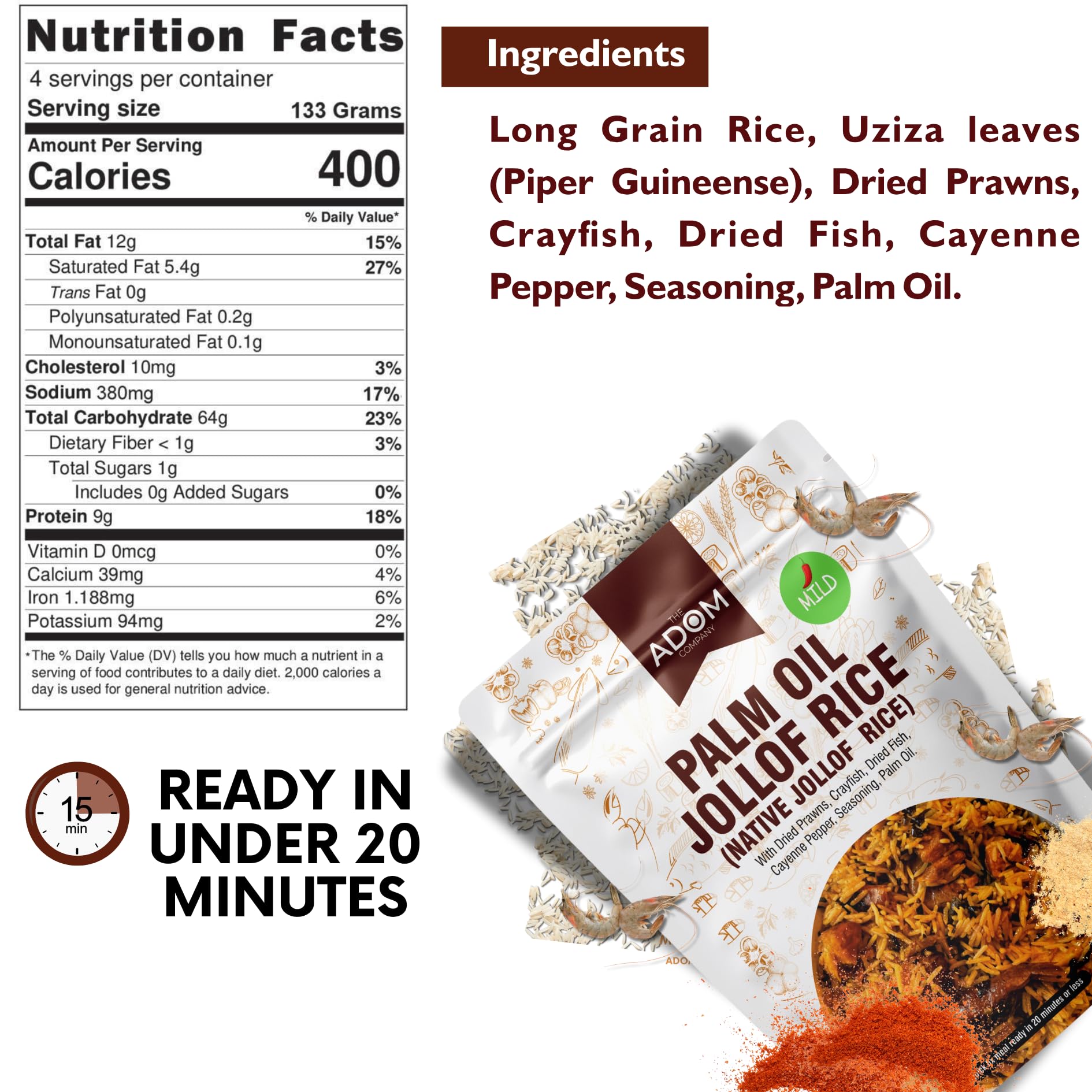 THE ADOM COMPANY - Authentic Native Jollof Rice Mix, Ready-to-Cook, Richly Spiced, All-Natural, No Preservatives, 20-Min Meal, Perfect for Family & Parties, 430g (Mild)