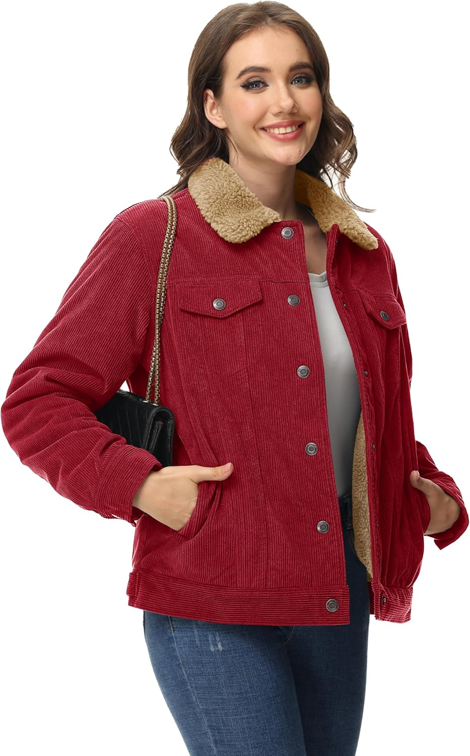 MAGCOMSEN Women's Corduroy Jacket Sherpa Fleece Lined Warm Winter Coat Button Down Casual Jacket with Pockets - Image 4